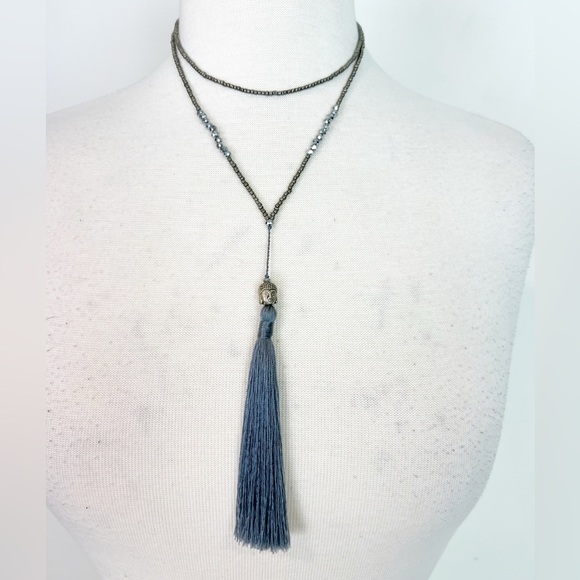 BOUTIQUE GRAY SILVER BEADED LONG TASSLE NECKLACE WITH BUDDAH CHARM 35” - Picture 1 of 7